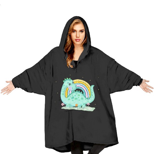Dinosaur with Rainbow and Flowers Blanket Hoodies
