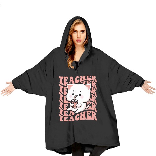 Boba Tea Teacher Cute Kawaii Cat Back To School Blanket Hoodies