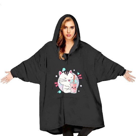 Kawaii Anime Cat Bubble Tea Fan Blanket Hoodies