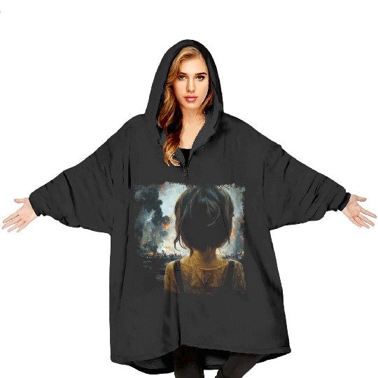 Kid in war looking at explosion 2 AI painting Blanket Hoodies