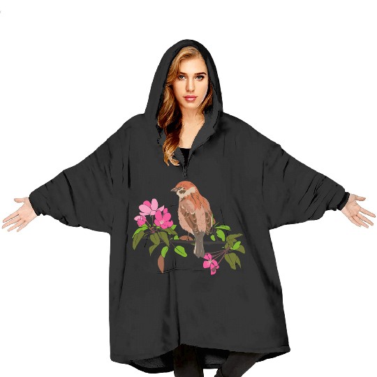 Sparrow on a branch pink flowers of an apple tree Blanket Hoodies