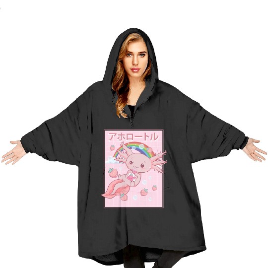 Kawaii Axolotl Strawberry Milk Blanket Hoodies