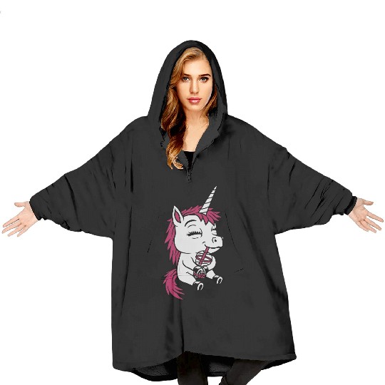 Boba tea drinking unicorn Blanket Hoodies