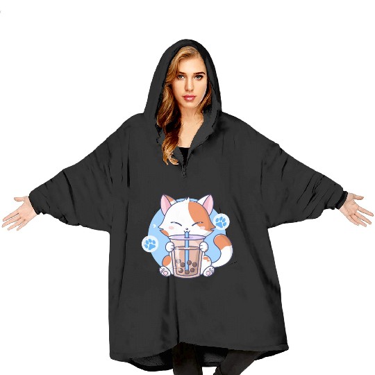 Cat Boba Tea Bubble Tea Kawaii Anime Japanese Neko Blanket Hoodies