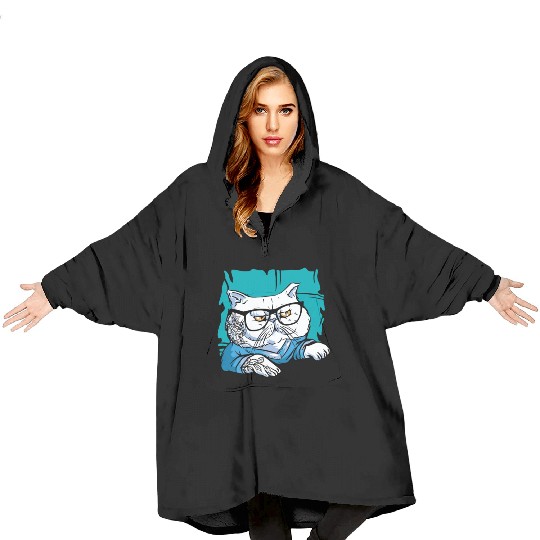 Stylish Nerd Persian Cat Beanie Glasses Tattoo Blanket Hoodies