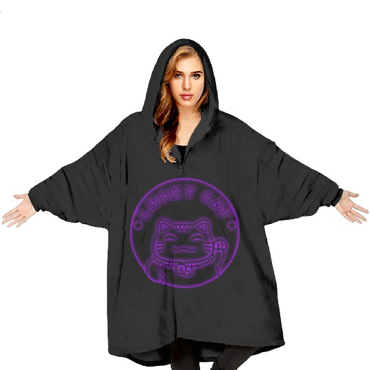 Purple neon lucky cat Blanket Hoodies