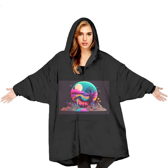Spooky Full Moon Psychedelic Landscape Paint Drips Blanket Hoodies