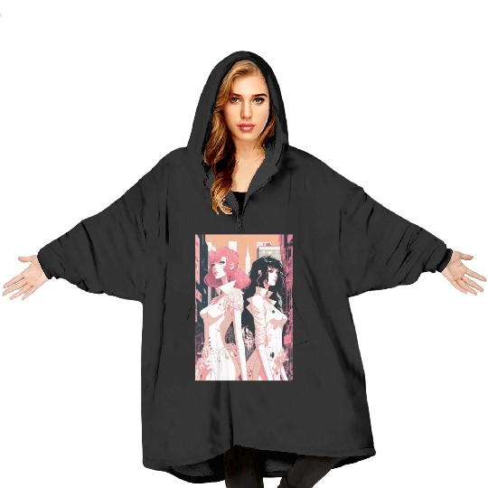 Pink and Black - Cyberpunk Illustrated Portrait Blanket Hoodies