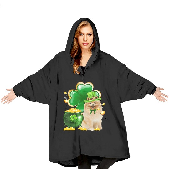 Pomeranian Dog Shamrock St Patricks Day Blanket Hoodies