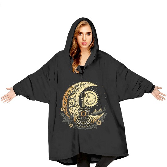 Cottagecore Acoustic Guitar With Moon, Sun, Stars Blanket Hoodies