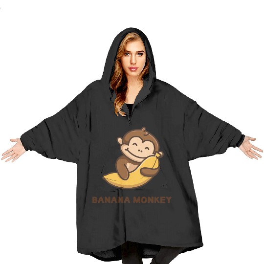 Brown illustrated Monkey and Banana Blanket Hoodies