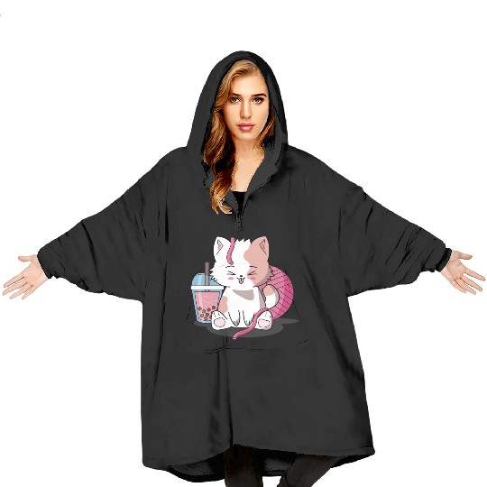 Chibi Boba Tea Cat Blanket Hoodies