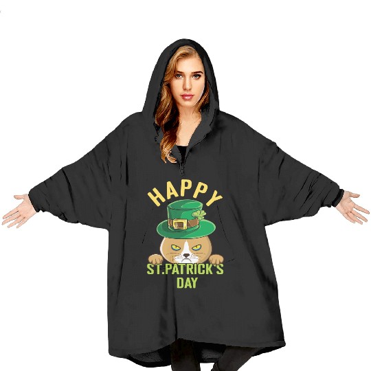 Angry Mad Cat Happy Saint Patrick Day Blanket Hoodies