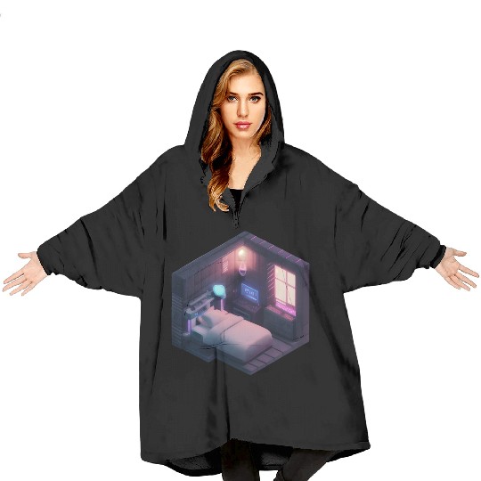 Isometric Voxel Bedroom - Synthwave Future Room Blanket Hoodies