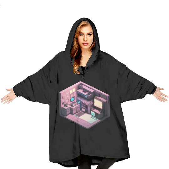 Synthwave Isometric Voxel Bedroom - Future Room Blanket Hoodies