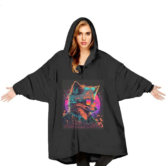 Retro Futuristic Synthwave Fox Blanket Hoodies