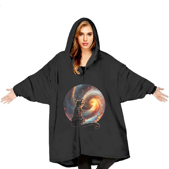 Cat Staring at a Galaxy Cat Dad Cat Lover Blanket Hoodies
