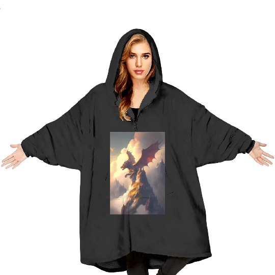 Mystical Dragon in fog Blanket Hoodies