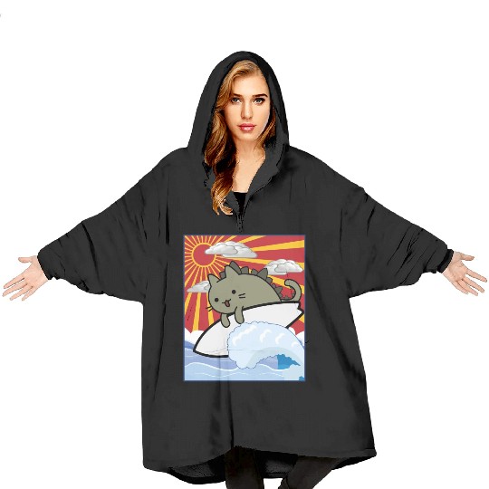 Surfing Cat Dragon Ride the Wave of Adventure Blanket Hoodies