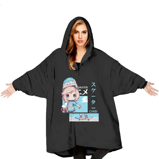 Kawaii Chibi Skater Skateboard Japanese Aesthetic Blanket Hoodies