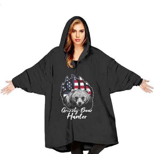 US Flag Grizzly Bear Hunting Patriotic Hunters Blanket Hoodies
