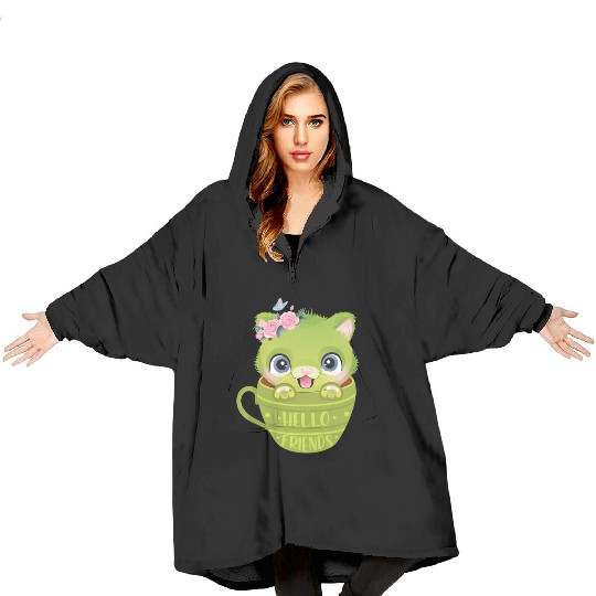 A Green Cute Cat In A Cup Is Greeting Patrick Day Blanket Hoodies