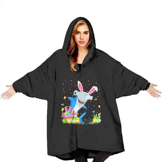 Shark Fish Easter Egg Hunting Hammerhead Shark Eas Blanket Hoodies