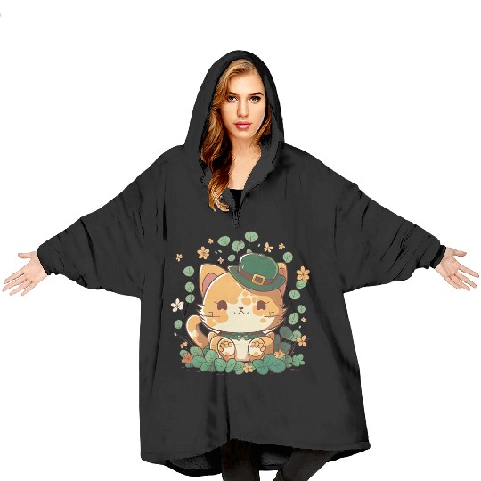 Kawaii Orange Cat Funny Shamrock St Patrick's Day Blanket Hoodies