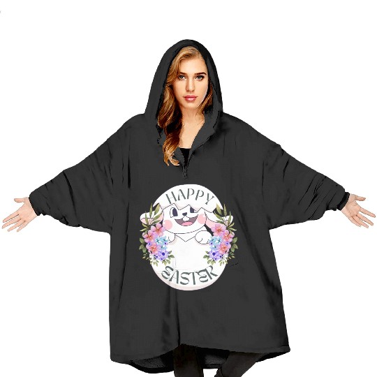 Happy Easter Bunny with Flowers Blanket Hoodies
