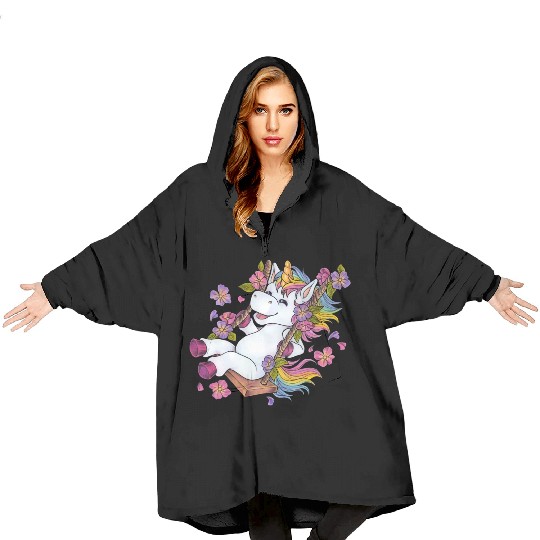 Cute unicorn on swing Flowers Spring gift children Blanket Hoodies