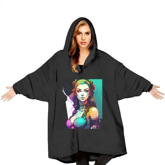 Technicolor Dreams Cyberpunk Girl in Vibrant Hues Blanket Hoodies
