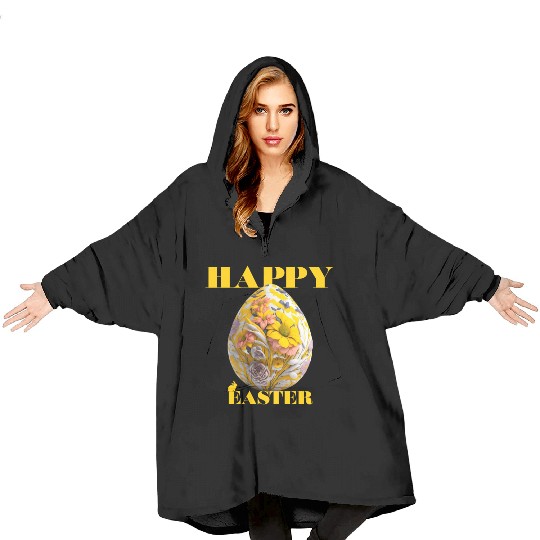 Happy Easter Egg Design with Floral Elements Blanket Hoodies