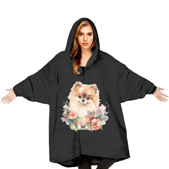 Pomeranian Dog Watercolor Floral Blanket Hoodies