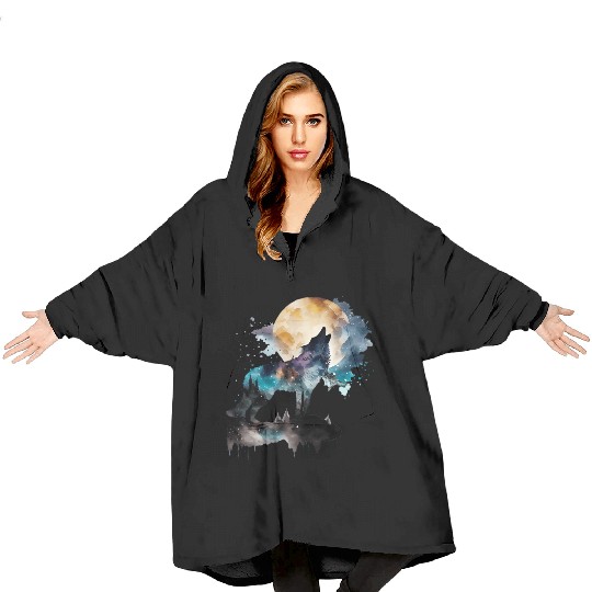 Mountain Wolf Multicolor Watercolor Portrait Blanket Hoodies