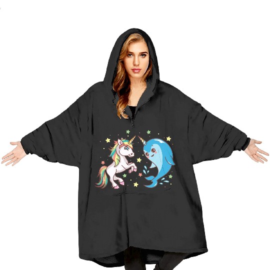 Cute Funny Horned Narwhal And Unicorn Friends Blanket Hoodies