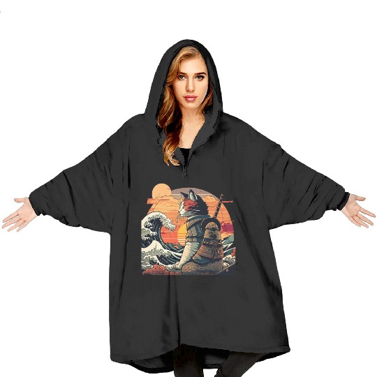 Retro samurai cat The Great Wave Hokusai Blanket Hoodies