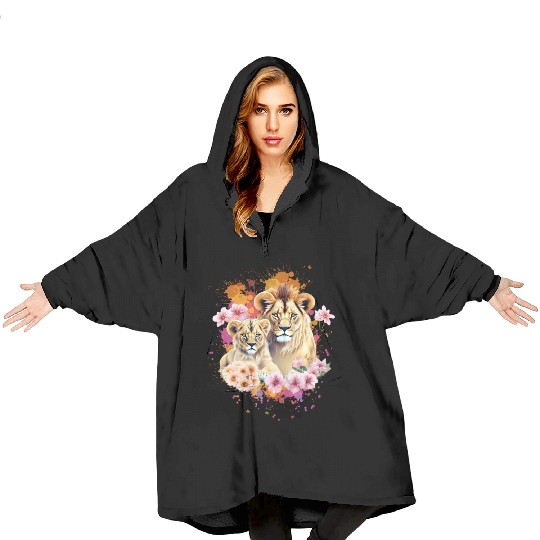 Lion Mom & Son Cubs with Flower Watercolor Blanket Hoodies