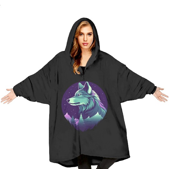 Starry Night Wolf With Northern Light Colors Blanket Hoodies