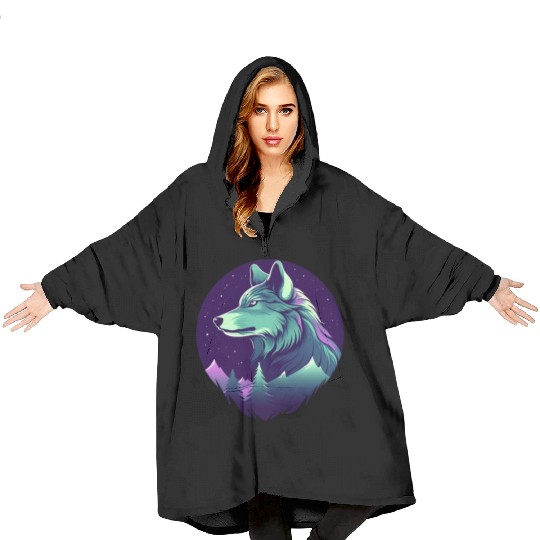 Starry Night Wolf With Northern Light Colors Blanket Hoodies