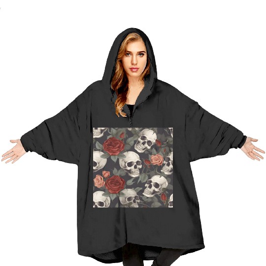 Skulls & Red Roses Pattern Dark Elegant Gothic Blanket Hoodies