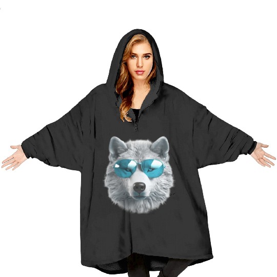 Grey Wolf Wearing Blue Sunglasses Wildlife Animal Blanket Hoodies