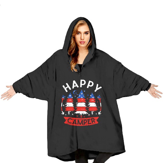 Happy Camper US Flag Patriotic 4th Of July Blanket Hoodies