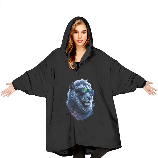 Silver Lion in Space: The Coolest Cat with Shades Blanket Hoodies