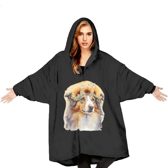 Cute Aussie Australian Shepherd Sunflower Dog Bree Blanket Hoodies