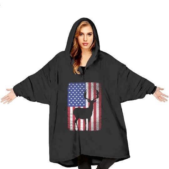 Patriotic Deer Hunting Hunter Dad American Flag Blanket Hoodies