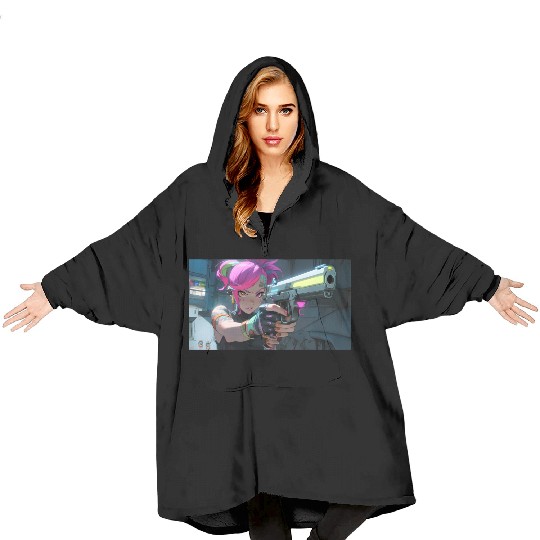 Cyber Sakura: Neon Guardian Blanket Hoodies