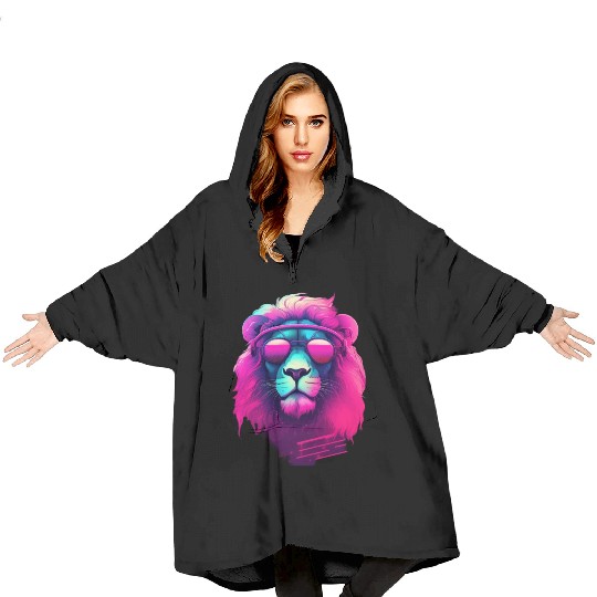 Synthwave Sun King Lion s Neon Shades Blanket Hoodies