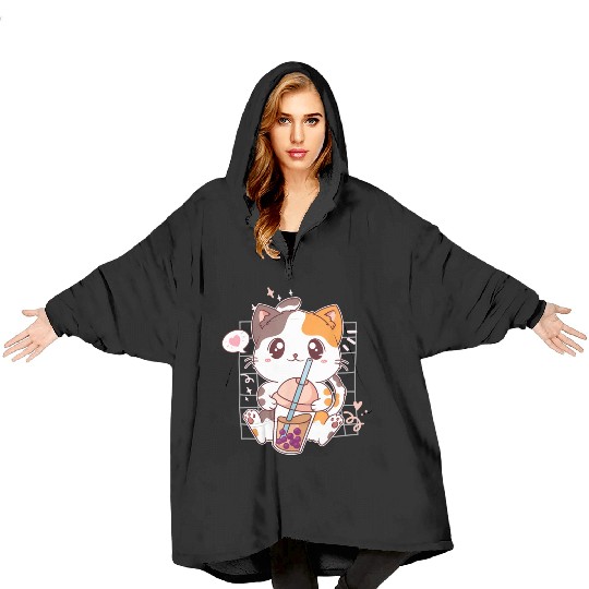 Cat Boba Tea Bubble Tea Kawaii Anime Japanese Blanket Hoodies