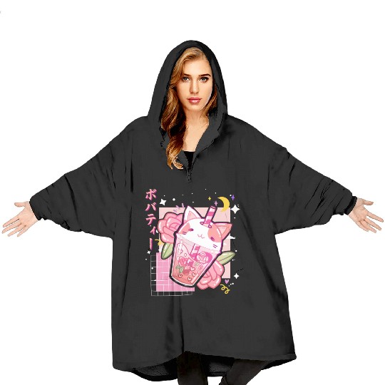 Boba Tea Cat Bubble Tea Kawaii Anime Japanese Blanket Hoodies
