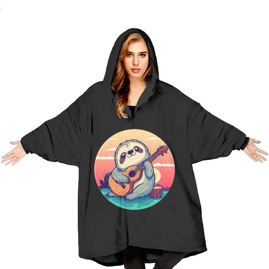 Sloth with Guitar in Sunset Blanket Hoodies